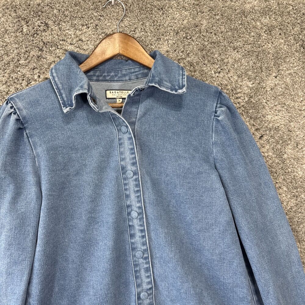 Bagatelle Collection Denim Puff Sleeve Shirt Jacket Medium Collared Snap Button - Picture 4 of 11
